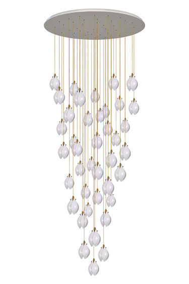 The Ethereal Bloom sculptural petal chandelier illuminated, showcasing its layered, translucent petal-like design and soft, diffused light.